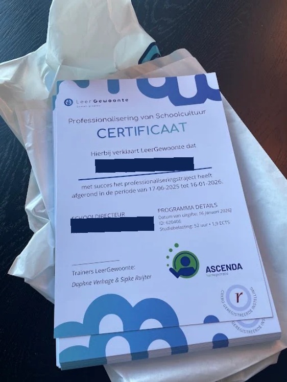 Certificaat Professionalisering van Schoolcultuur van LeerGewoonte