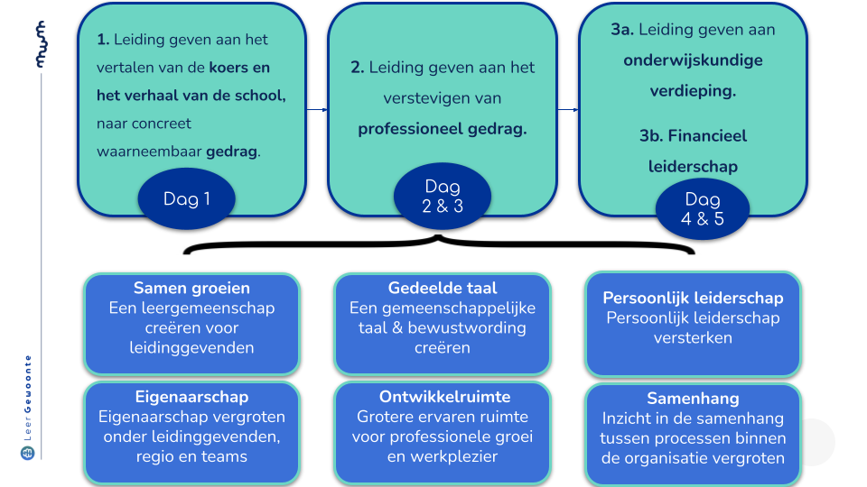 Overzicht van de drie hoofdthema's verdeeld over vijf bijeenkomsten en de zes subdoelen van het leiderschapsprogramma
