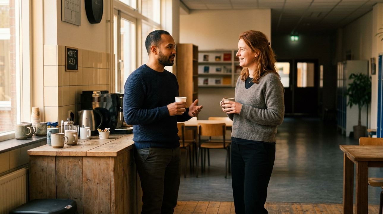 twee collega's in gesprek in een rustige schoolomgeving, gericht op elkaar, open lichaamshouding